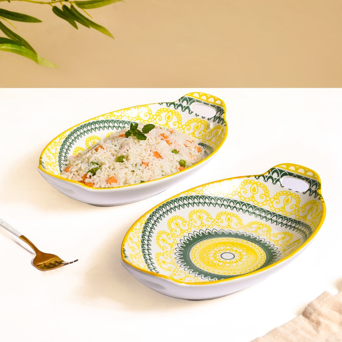 Yellow And Green Mandala Ceramic Platter Set Of 2 Nestasia