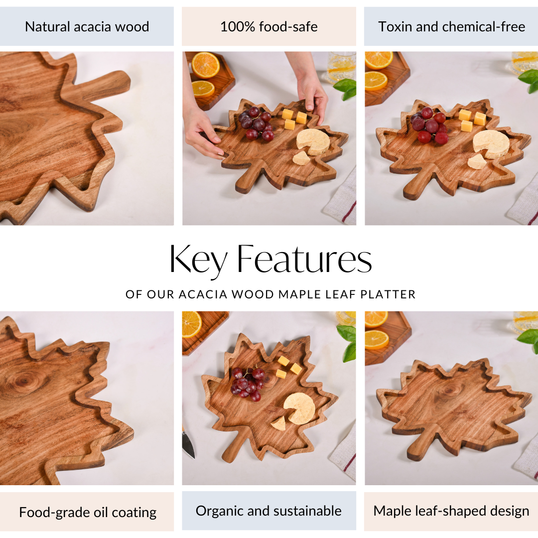Acacia Wood Maple Leaf Serving Platter Nestasia