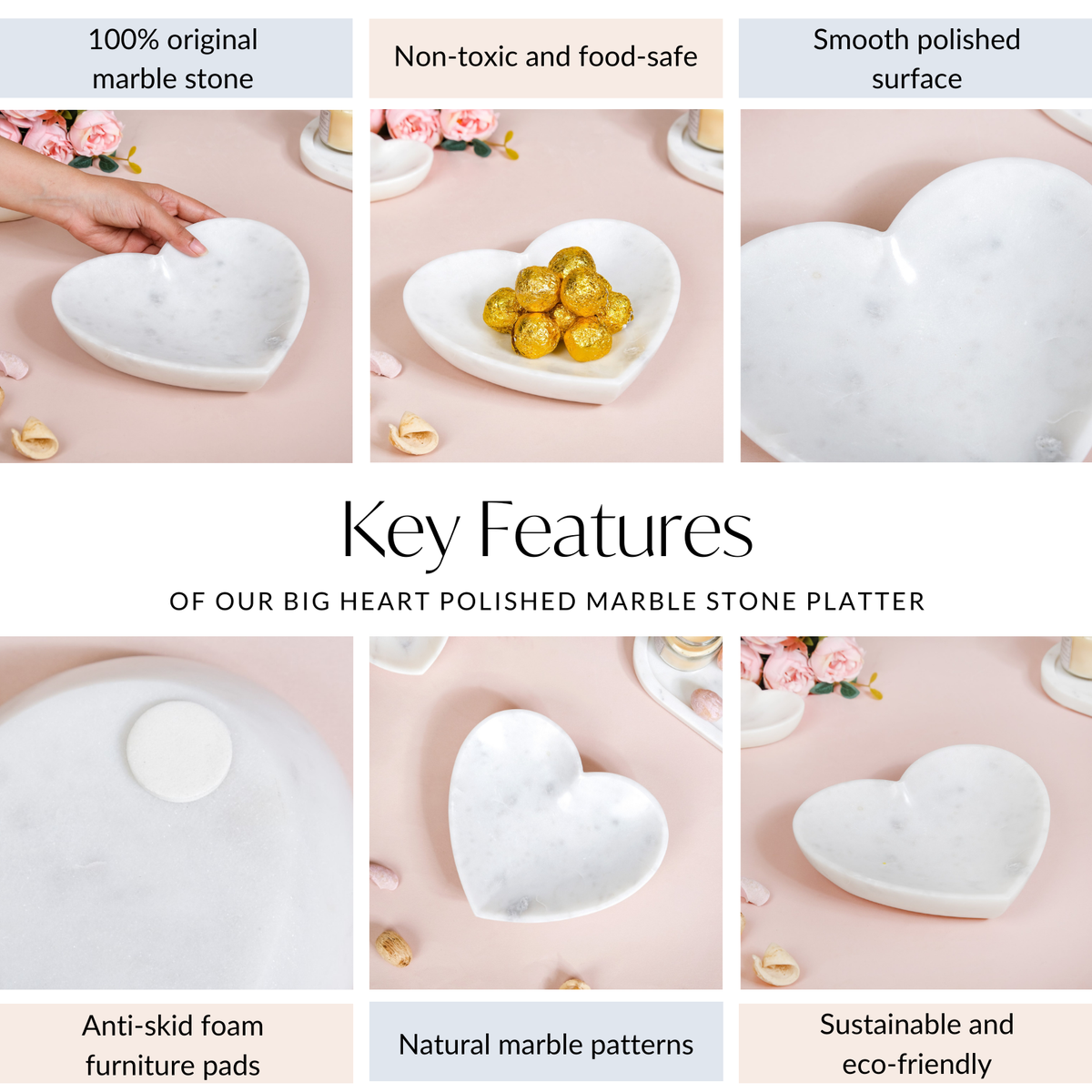 Big Heart Polished Marble Stone Platter 8 Inch Nestasia