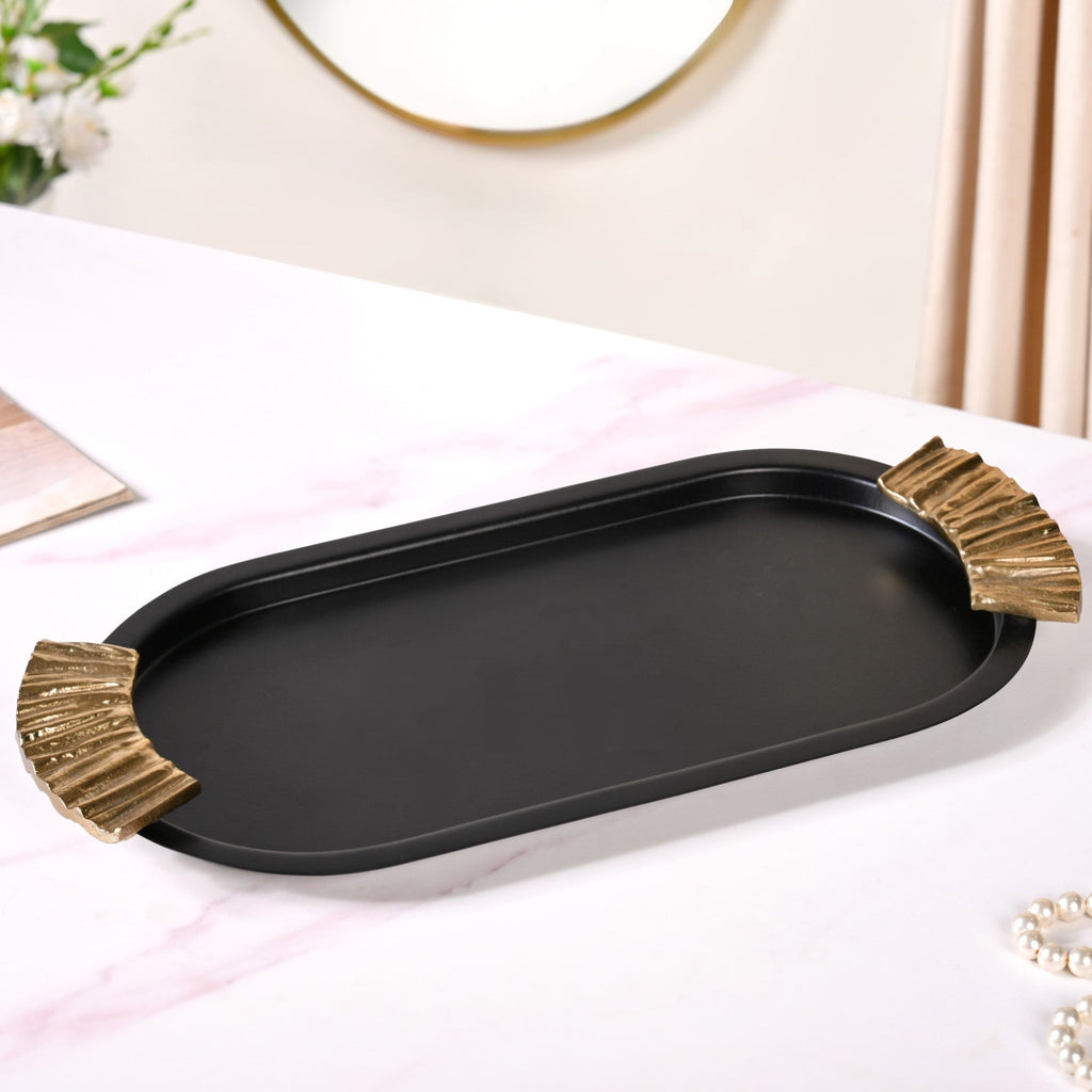 Matte Black Oval Metal Tray With Handles Nestasia