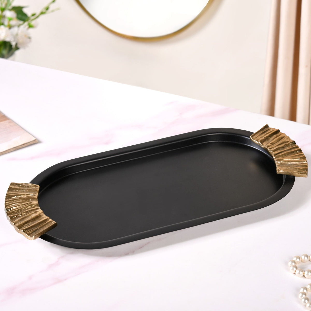 Matte Black Oval Metal Tray With Handles Nestasia