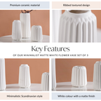 Minimalist Matte White Flower Vase Set Of 3 Nestasia