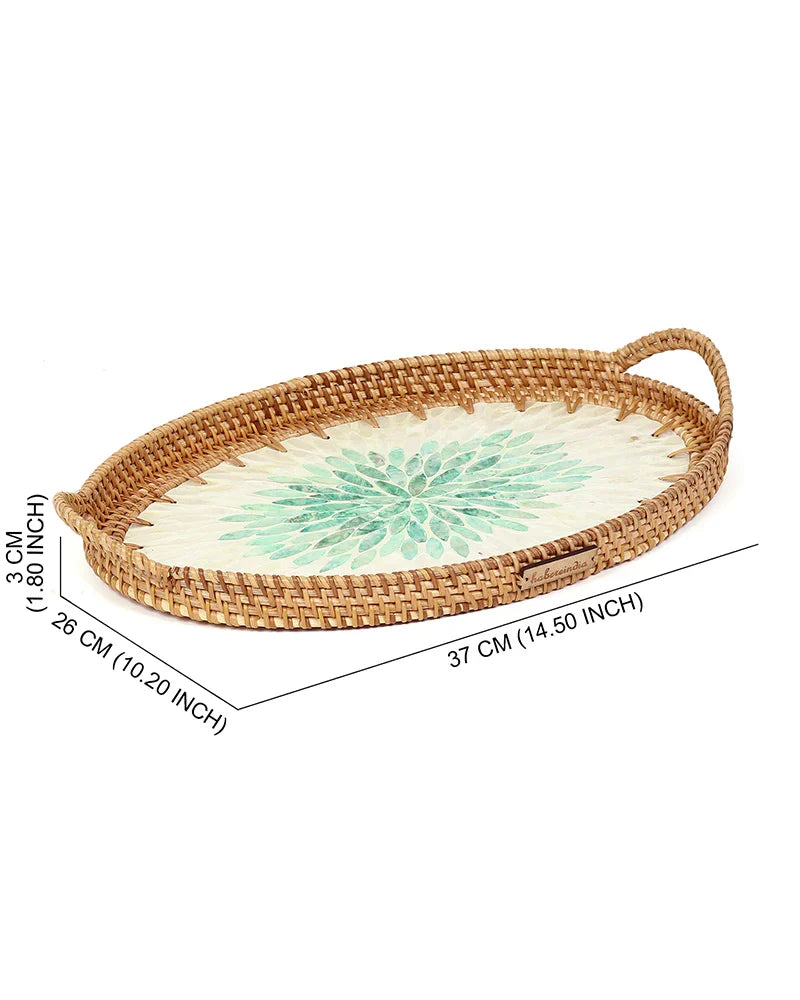 Handwoven Oval Cane Tray with Green Rangoli Mosaic for Decorative and Serving Use