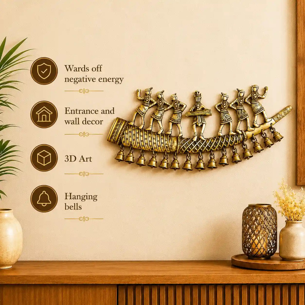 Brass Tribal Folk Dancers On Shehnai With Bell Wall Hanging (8 Inch) Vedansh Craft