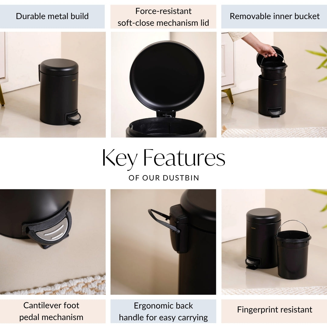 Clean Curve Dustbin With Removable Bucket Black 3000ml Nestasia