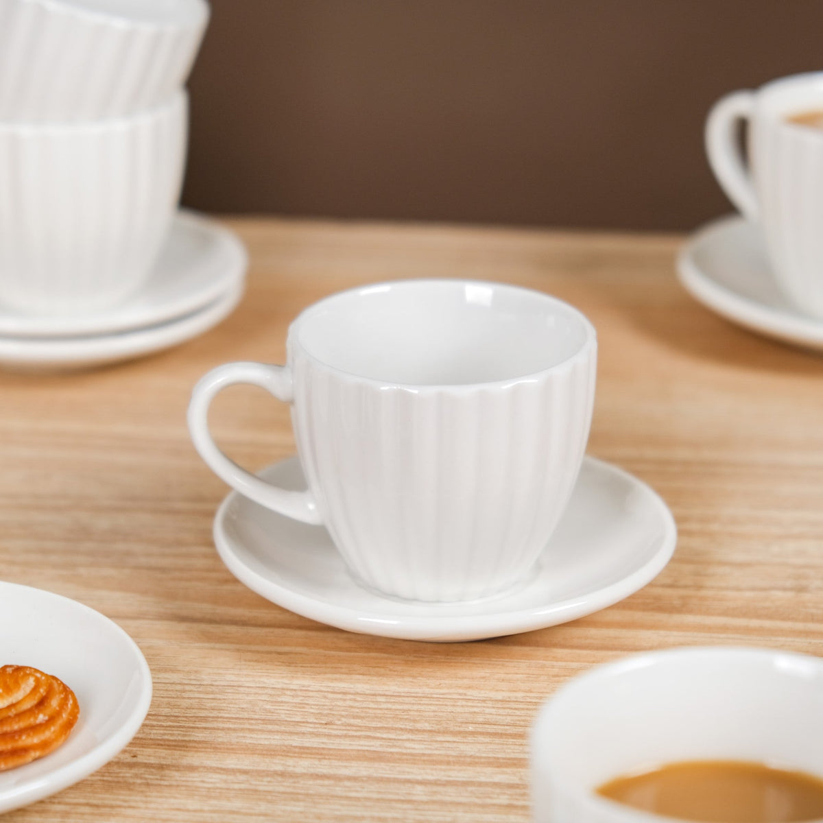 Fluted Ceramic Small Tea Cup And Saucer Set Of 6 100ml Nestasia