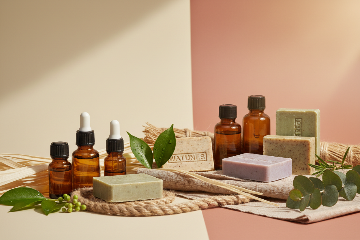 Minimal wellness ecommerce website banner.
Natural products like essential oil bottles, herbal soaps, bamboo fibers, jute texture, green leaves.
Soft sunlight, eco-friendly and organic mood.
Neutral pastel background, clean and modern composition.
Premium lifestyle photography style.
No text, no logo, no people.
Aspect ratio 16:9.
