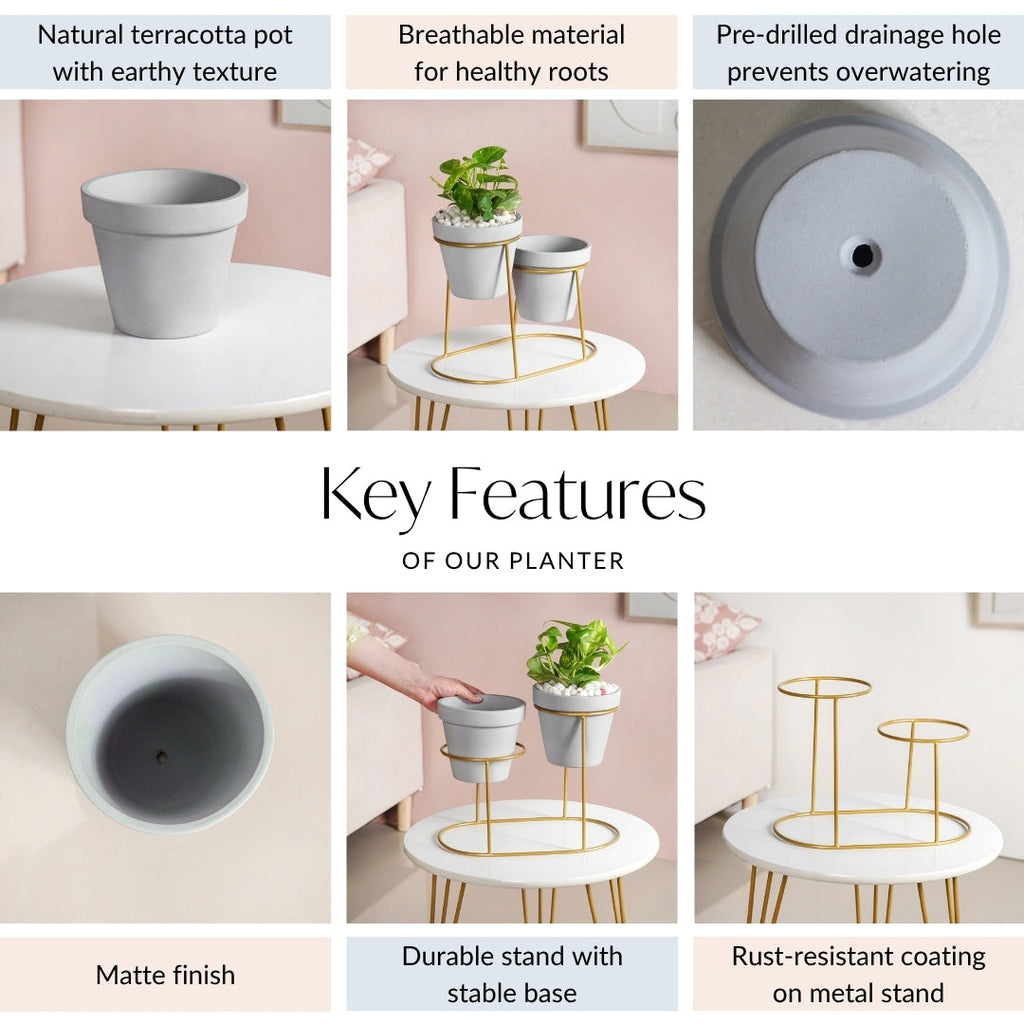 TerraDuo Grey Planters Pair With Gold Stand Nestasia