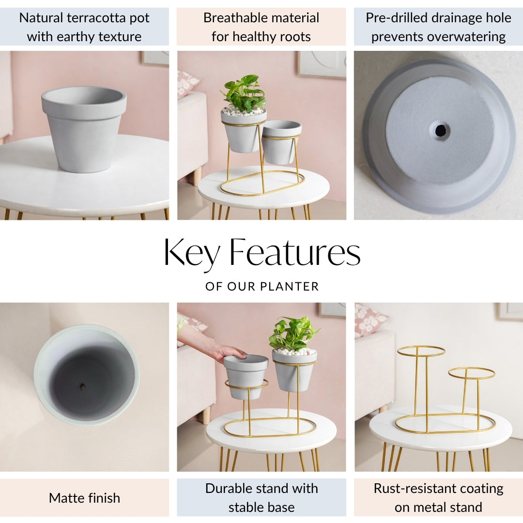TerraDuo Grey Planters Pair With Gold Stand Nestasia