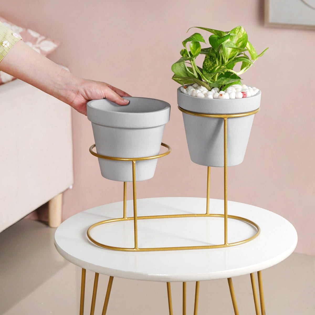 TerraDuo Grey Planters Pair With Gold Stand Nestasia