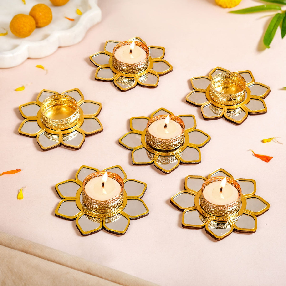 Mirror Petal Tea Light Holder Set Of 6 Nestasia