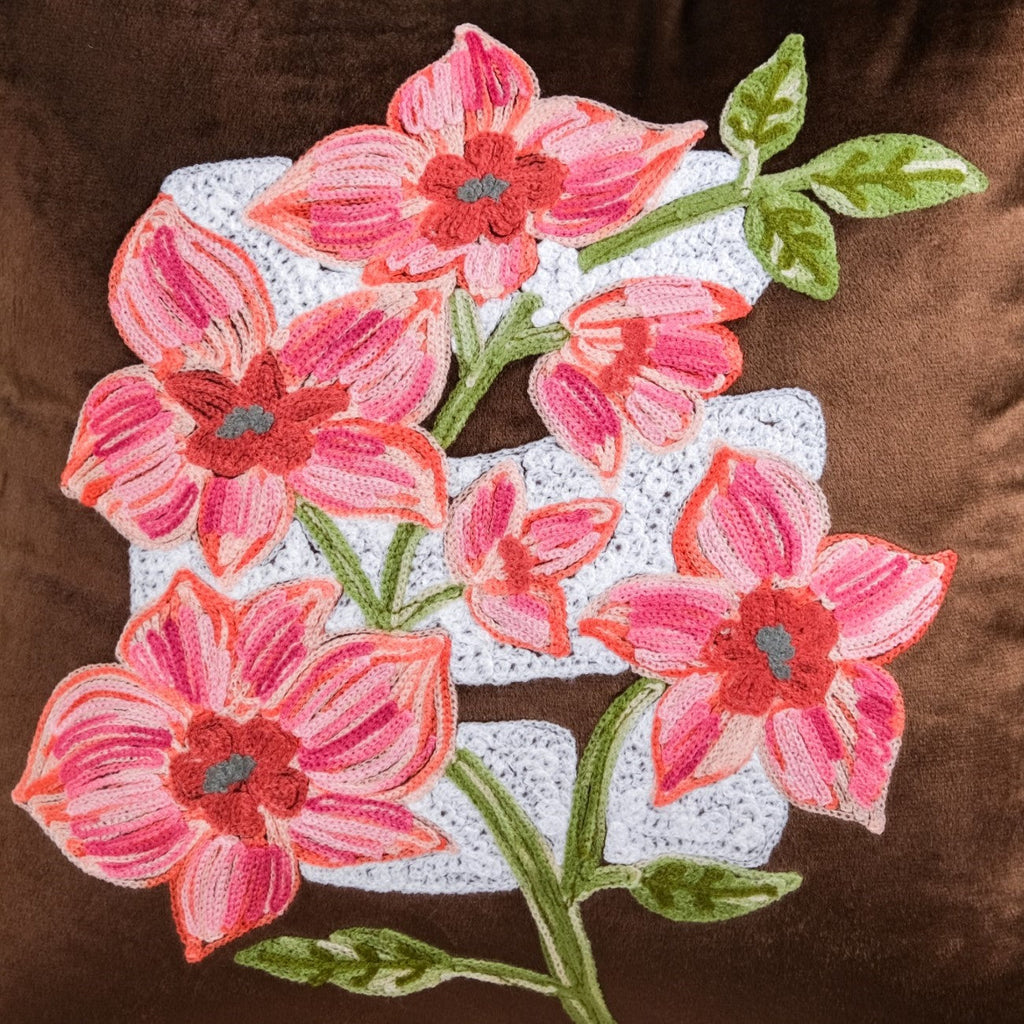 Mocha Blossom Embroidered Velvet Cushion Cover 40x40cm Nestasia