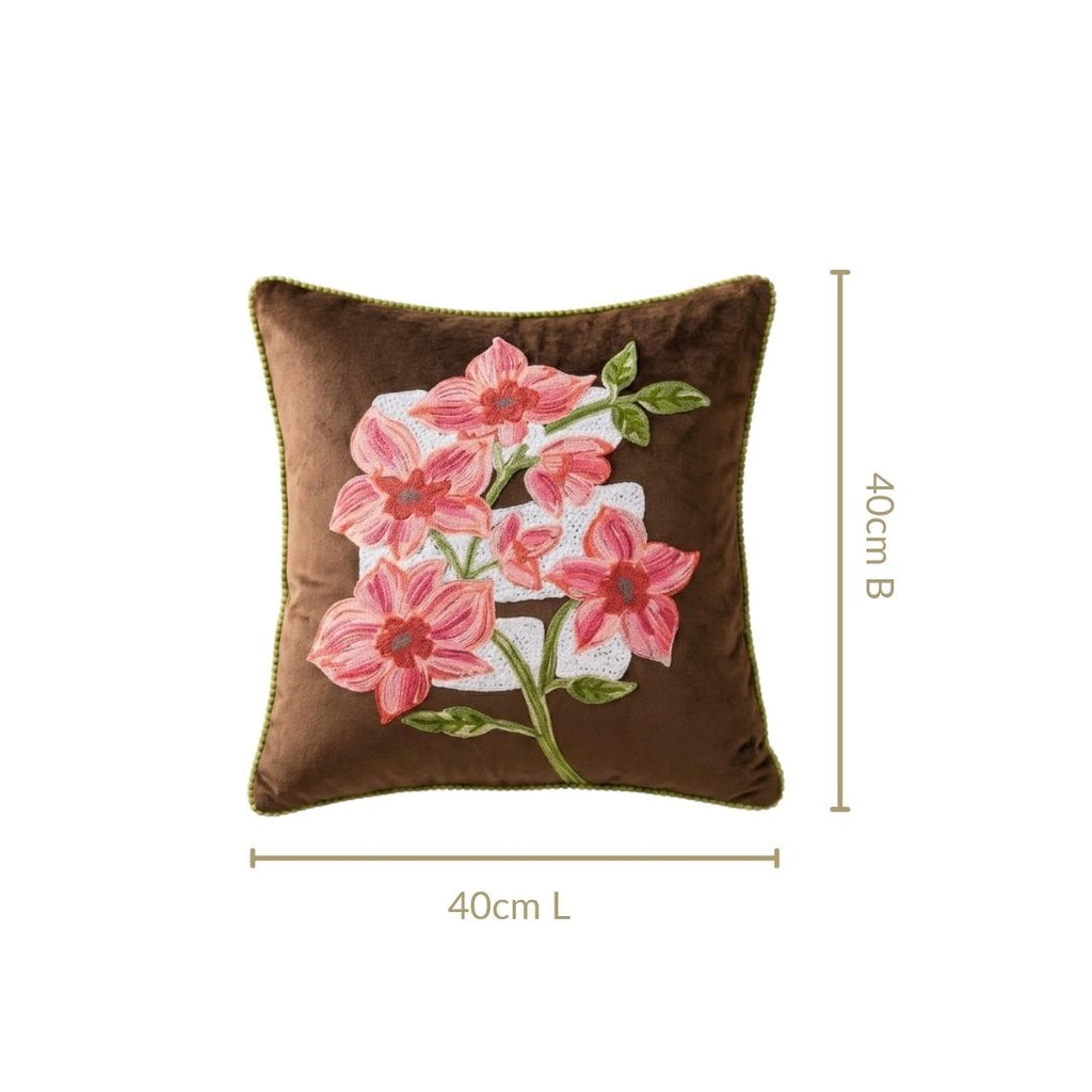 Mocha Blossom Embroidered Velvet Cushion Cover 40x40cm Nestasia
