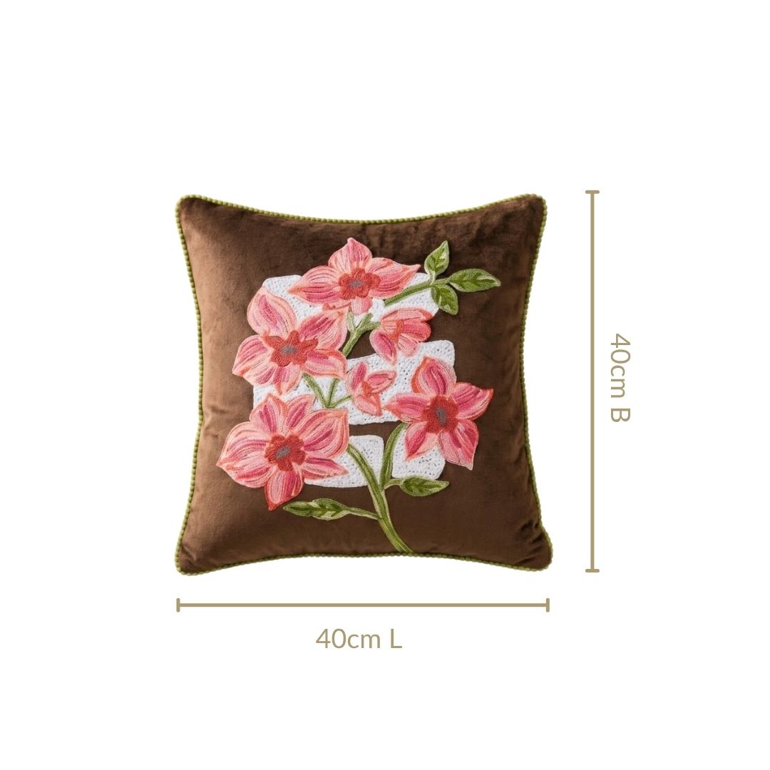 Mocha Blossom Embroidered Velvet Cushion Cover 40x40cm Nestasia