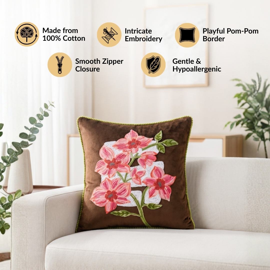 Mocha Blossom Embroidered Velvet Cushion Cover 40x40cm Nestasia
