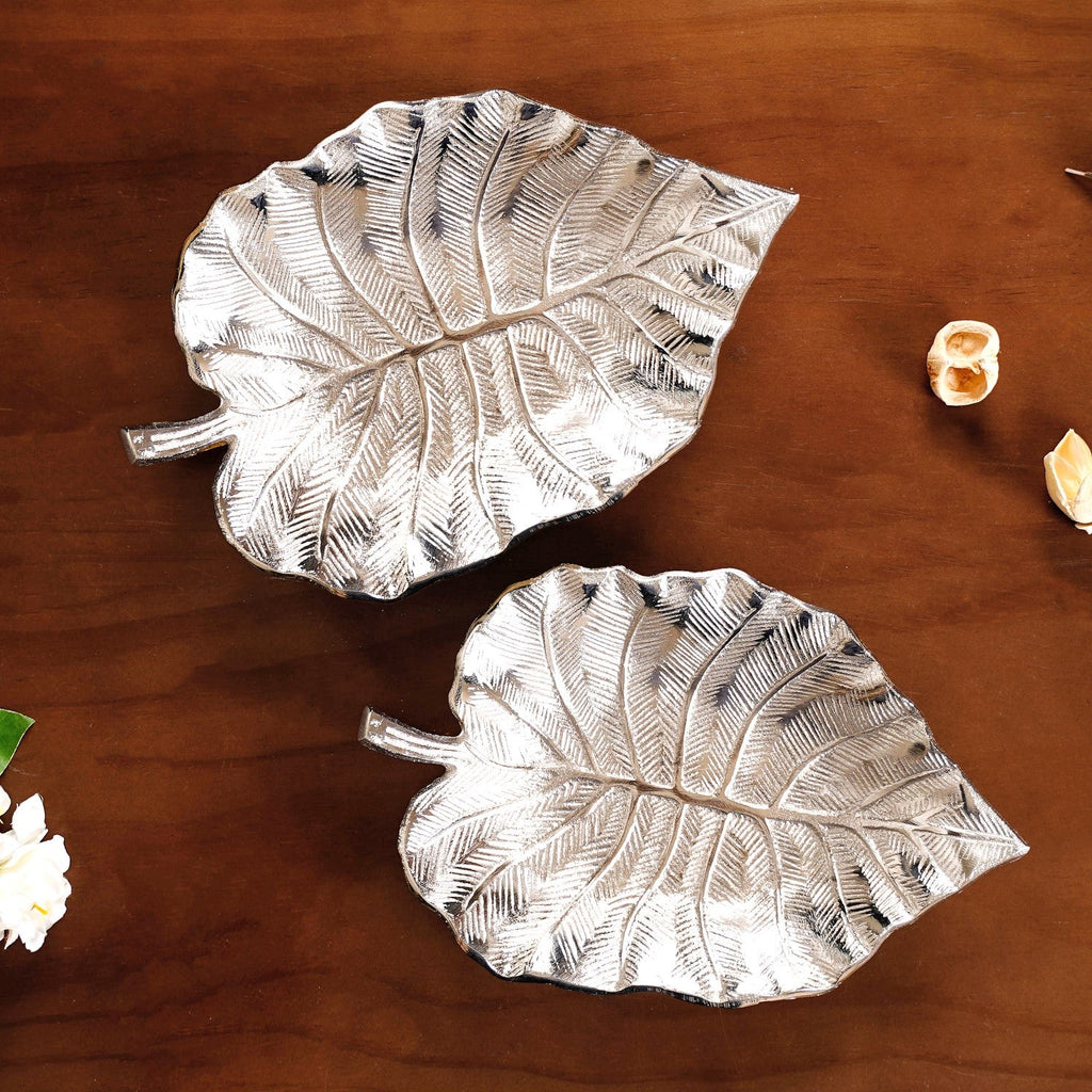 Silver Colocasia Leaf Metal Tray Set Of 2 Nestasia