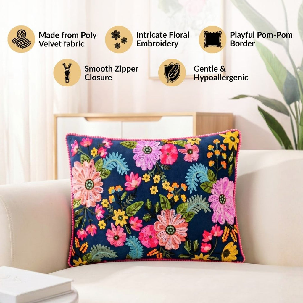 Moonlit Floral Velvet Embroidered Cushion Cover 50x35cm Nestasia