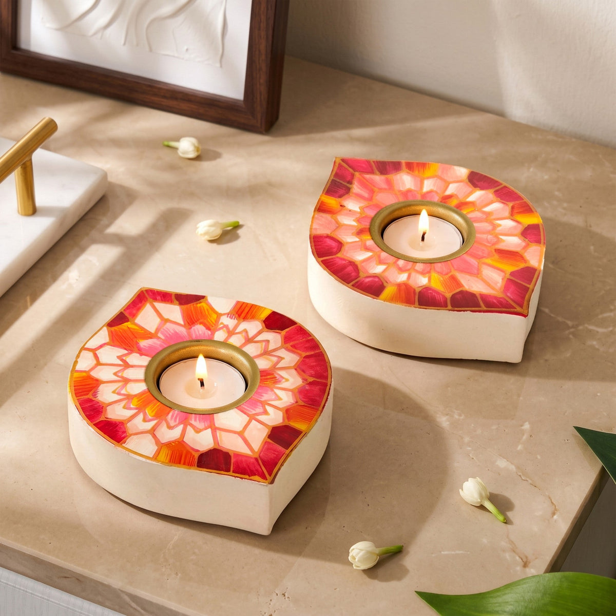 Mosaic Handpainted Wooden Tealight Set Of 2 Nestasia