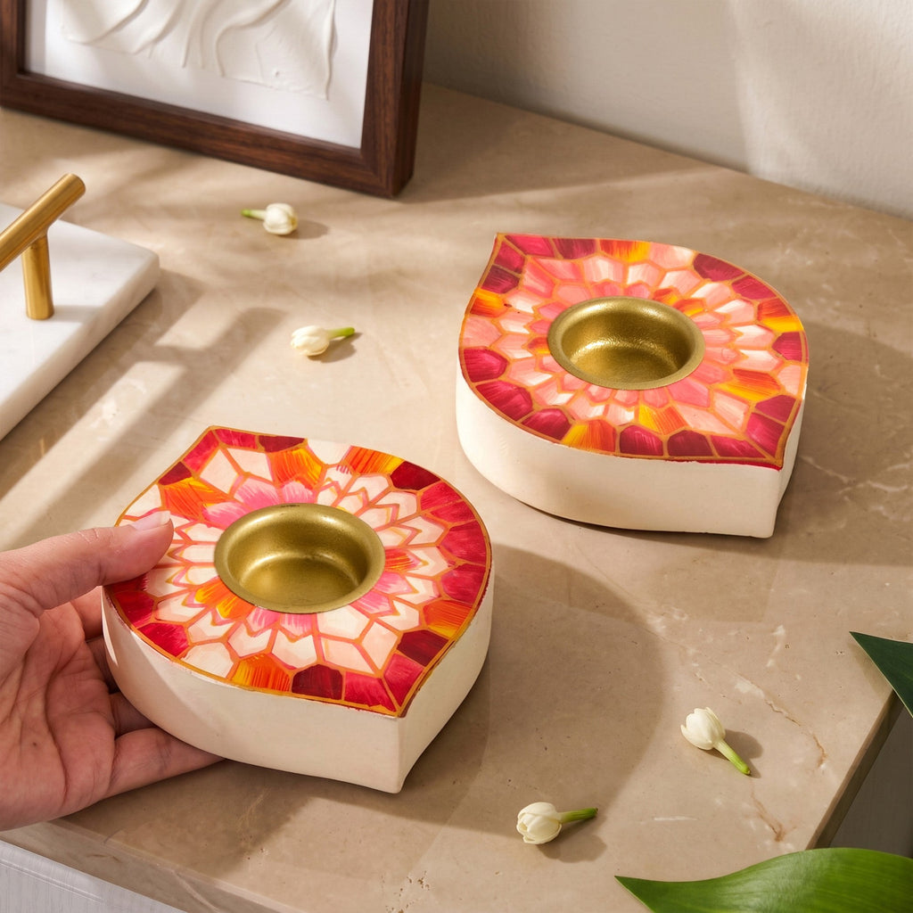 Mosaic Handpainted Wooden Tealight Set Of 2 Nestasia