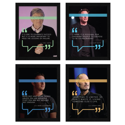 Elon Musk Steve Jobs Mark Zuckerberg Motivational Quotes Wall Frames, Inspirational, Set of 4, AXS4-103