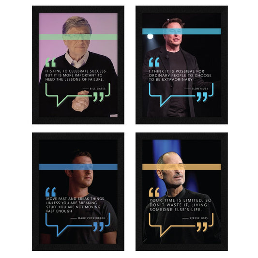 Elon Musk Steve Jobs Mark Zuckerberg Motivational Quotes Wall Frames, Inspirational, Set of 4, AXS4-103