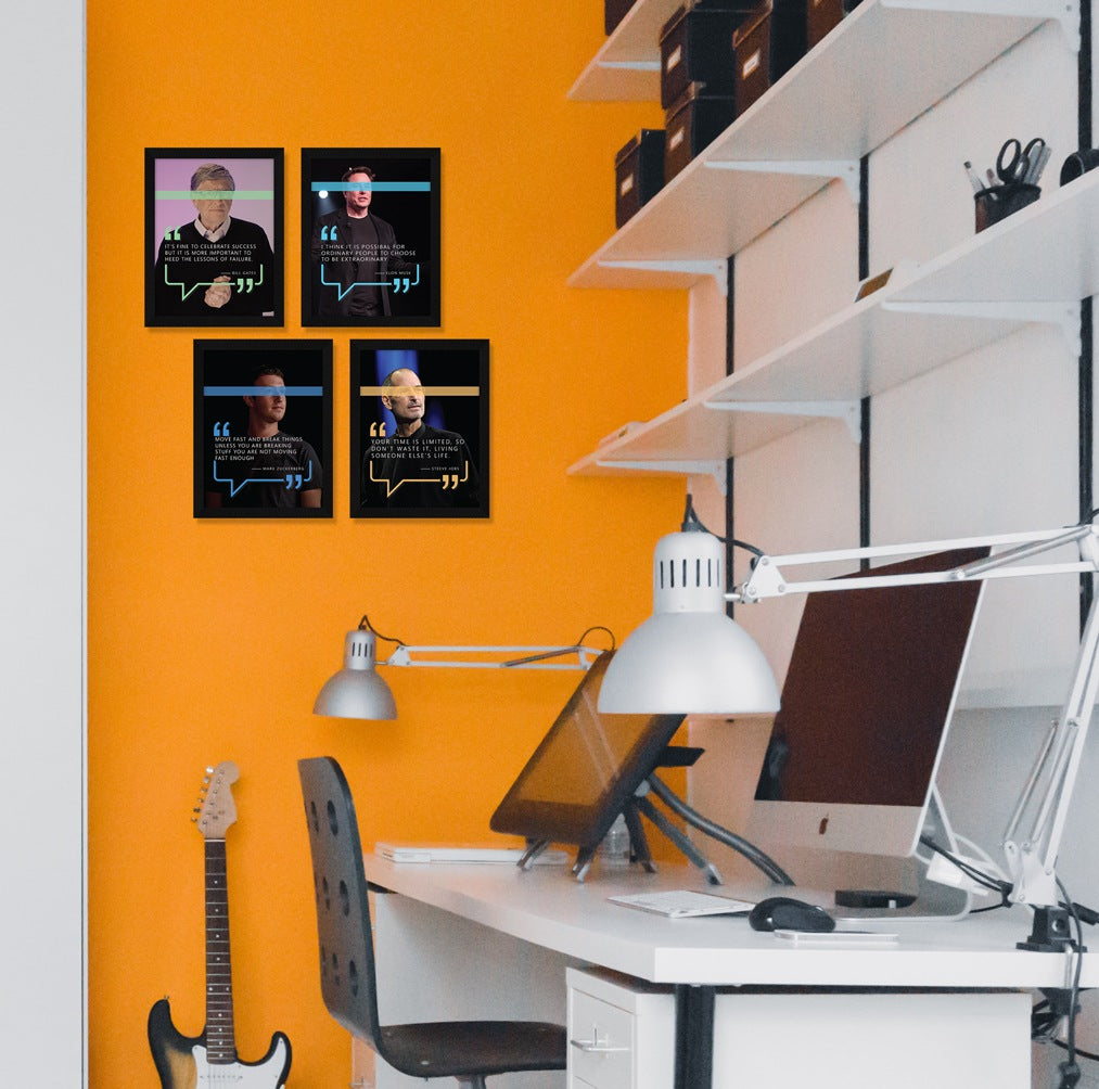 Elon Musk Steve Jobs Mark Zuckerberg Motivational Quotes Wall Frames, Inspirational, Set of 4, AXS4-103