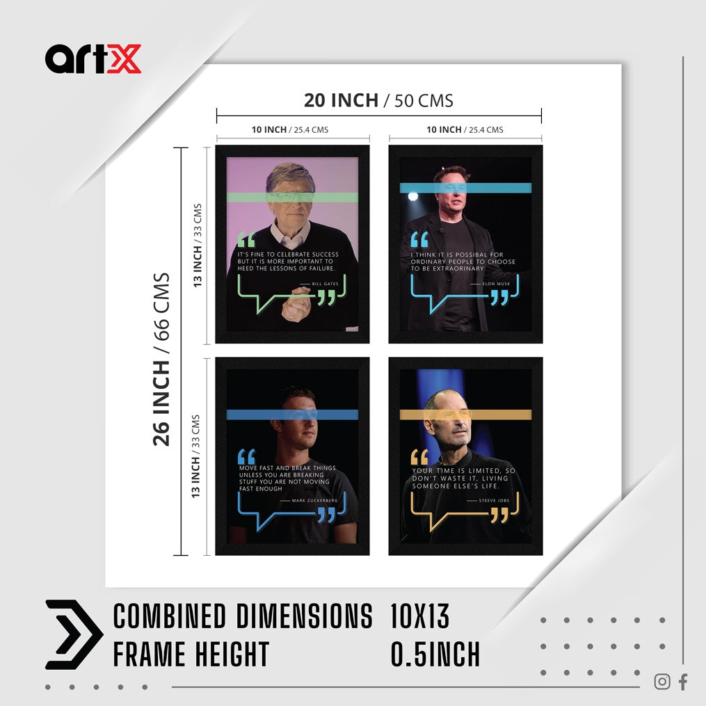 Elon Musk Steve Jobs Mark Zuckerberg Motivational Quotes Wall Frames, Inspirational, Set of 4, AXS4-103