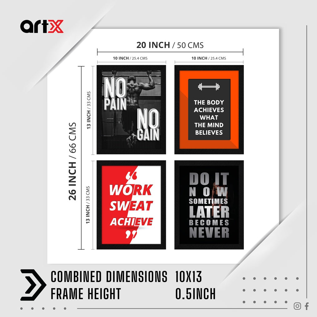 Gym No Pain No Gain Motivational Quote Wall Frames, Inspirational, Set of 4, AXS4-106 ArtX