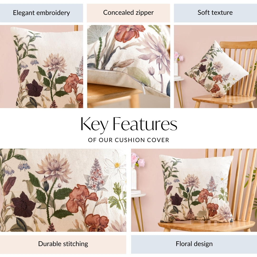 Nature Bloom Embroidered Cotton Cushion Cover 40x40cm Nestasia