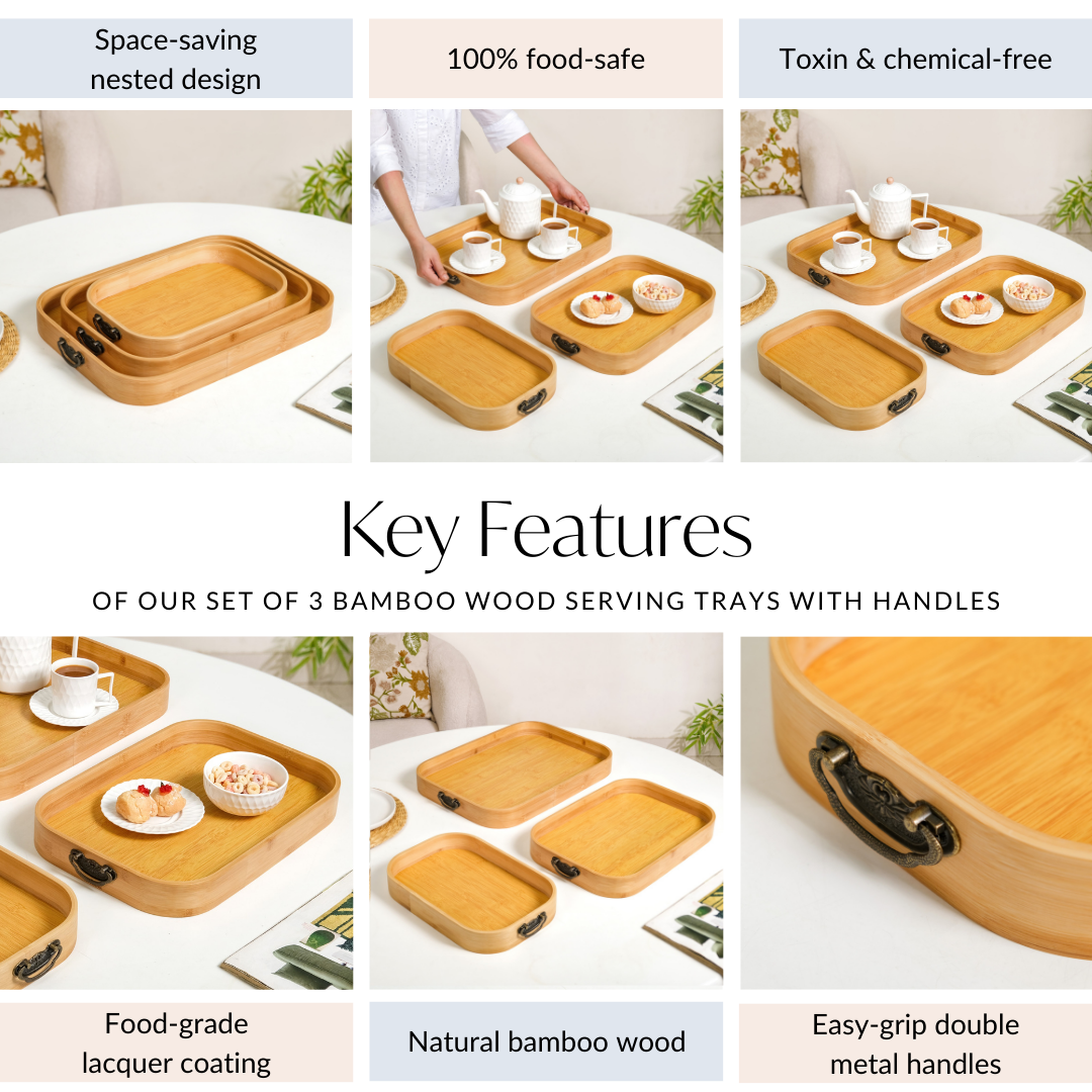 Set Of 3 Bamboo Wood Serving Trays With Handles Nestasia