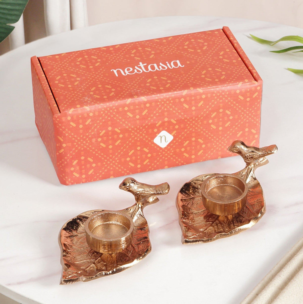 NestGlow Bird Leaf Tealight Candle Holder Set Of 2 Rose Gold Nestasia