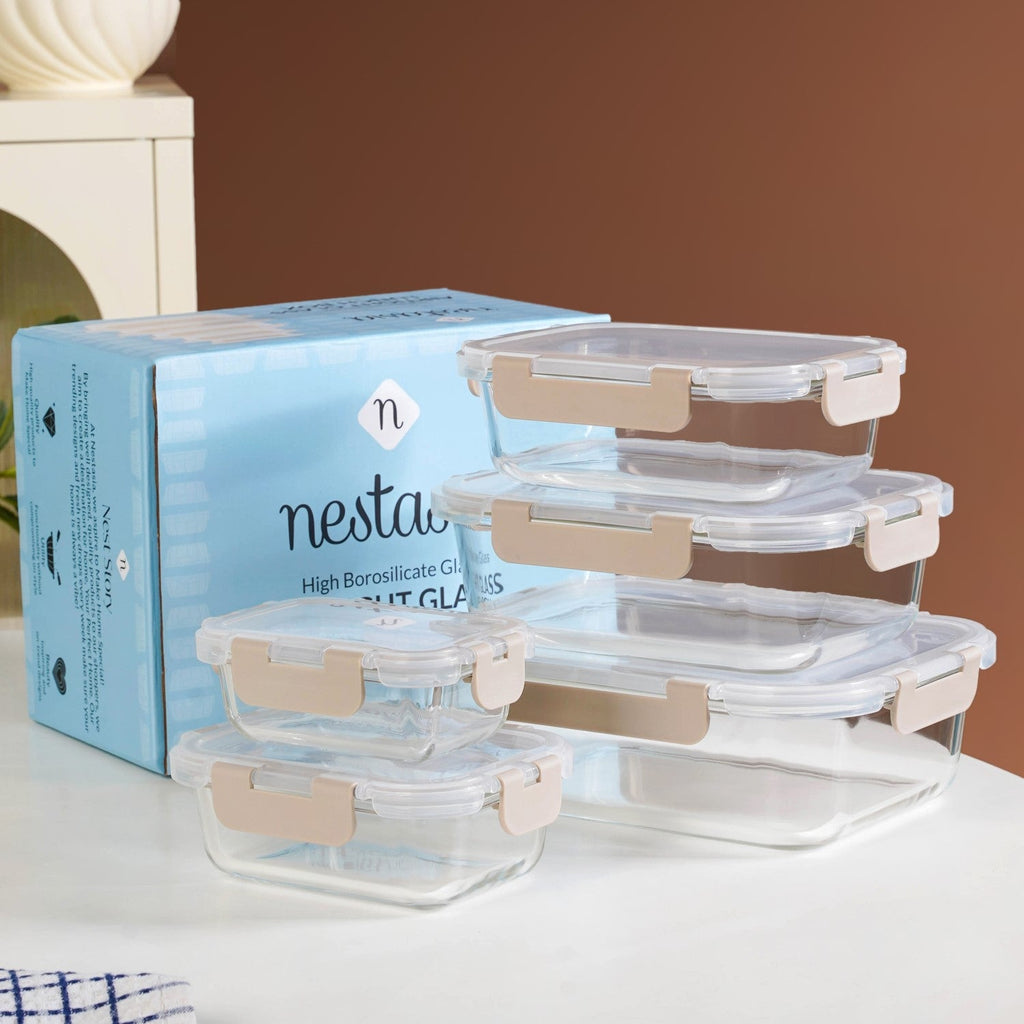 Nestro Leakproof Food Storage Box Set Of 5 Beige XS 185ml S 370ml M 600ml L 1000ml XL 1500ml Nestasia