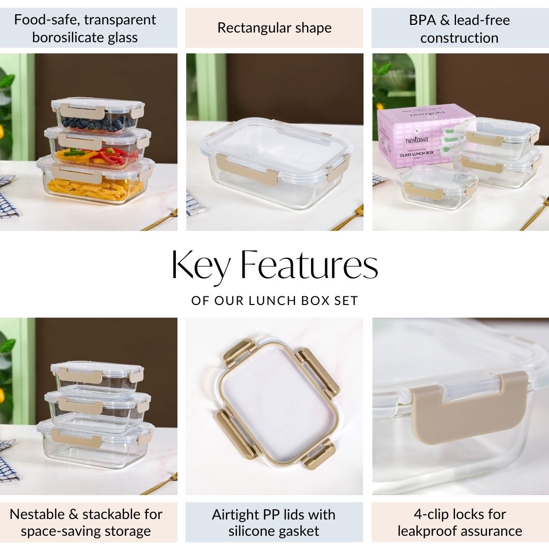 Nestro Leakproof Rectangular Food Storage Box Set Of 3 Beige S 600ml M 1000ml L 1500ml Nestasia