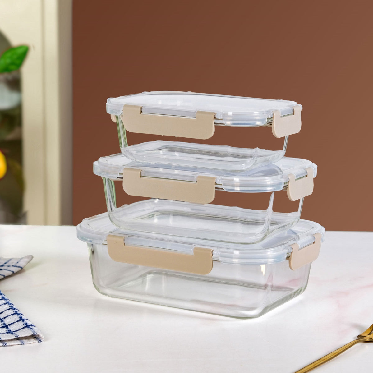 Nestro Leakproof Rectangular Food Storage Box Set Of 3 Beige S 600ml M 1000ml L 1500ml Nestasia