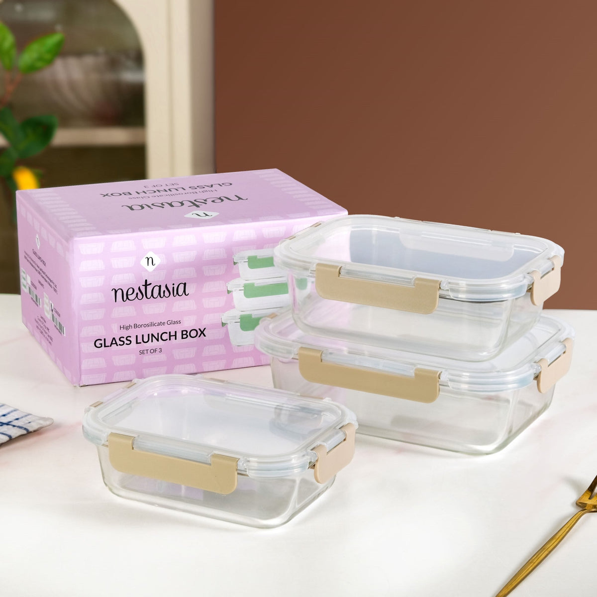 Nestro Leakproof Rectangular Food Storage Box Set Of 3 Beige S 600ml M 1000ml L 1500ml Nestasia