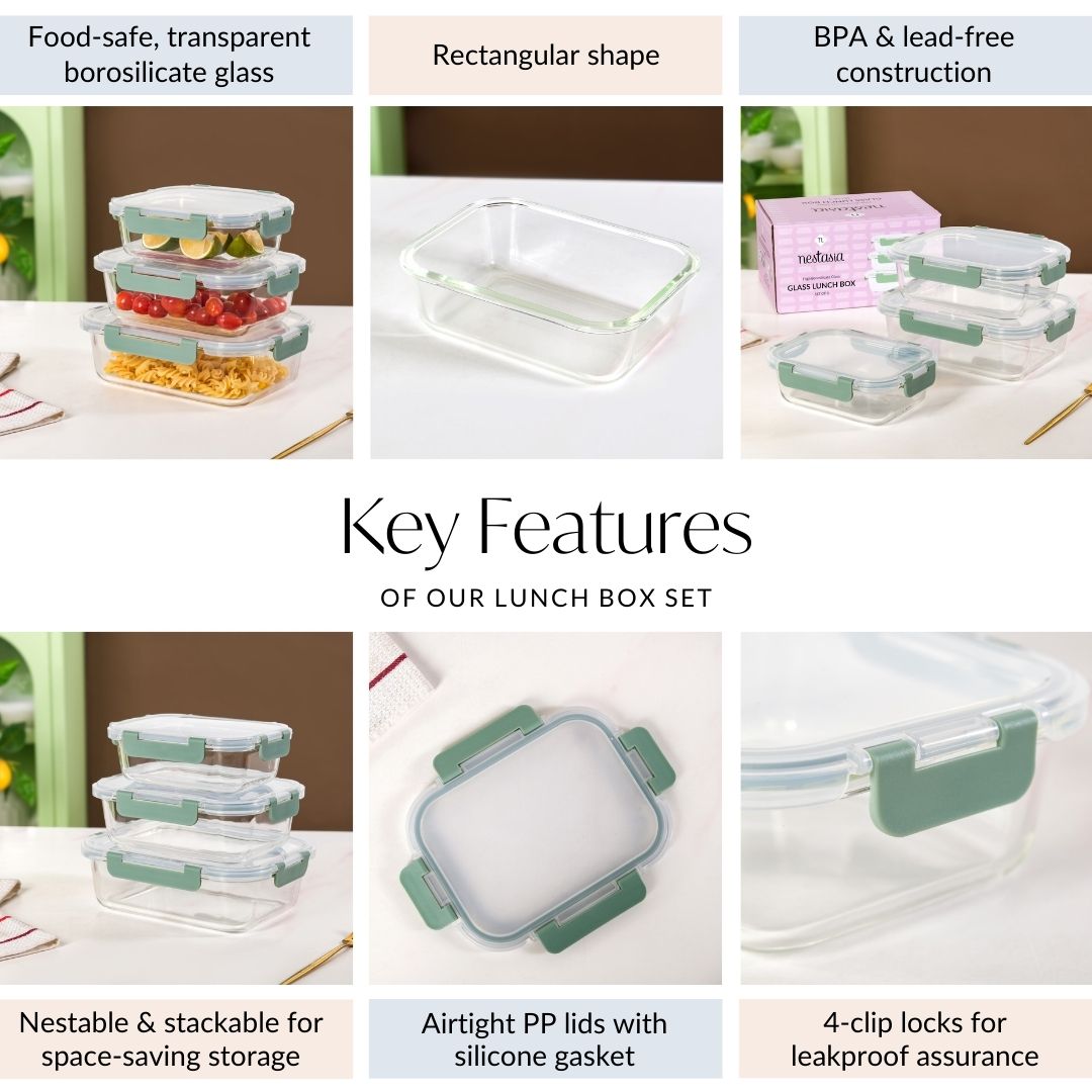 Nestro Leakproof Rectangular Food Storage Box Set Of 3 Green S 600ml M 1000ml L 1500ml Nestasia