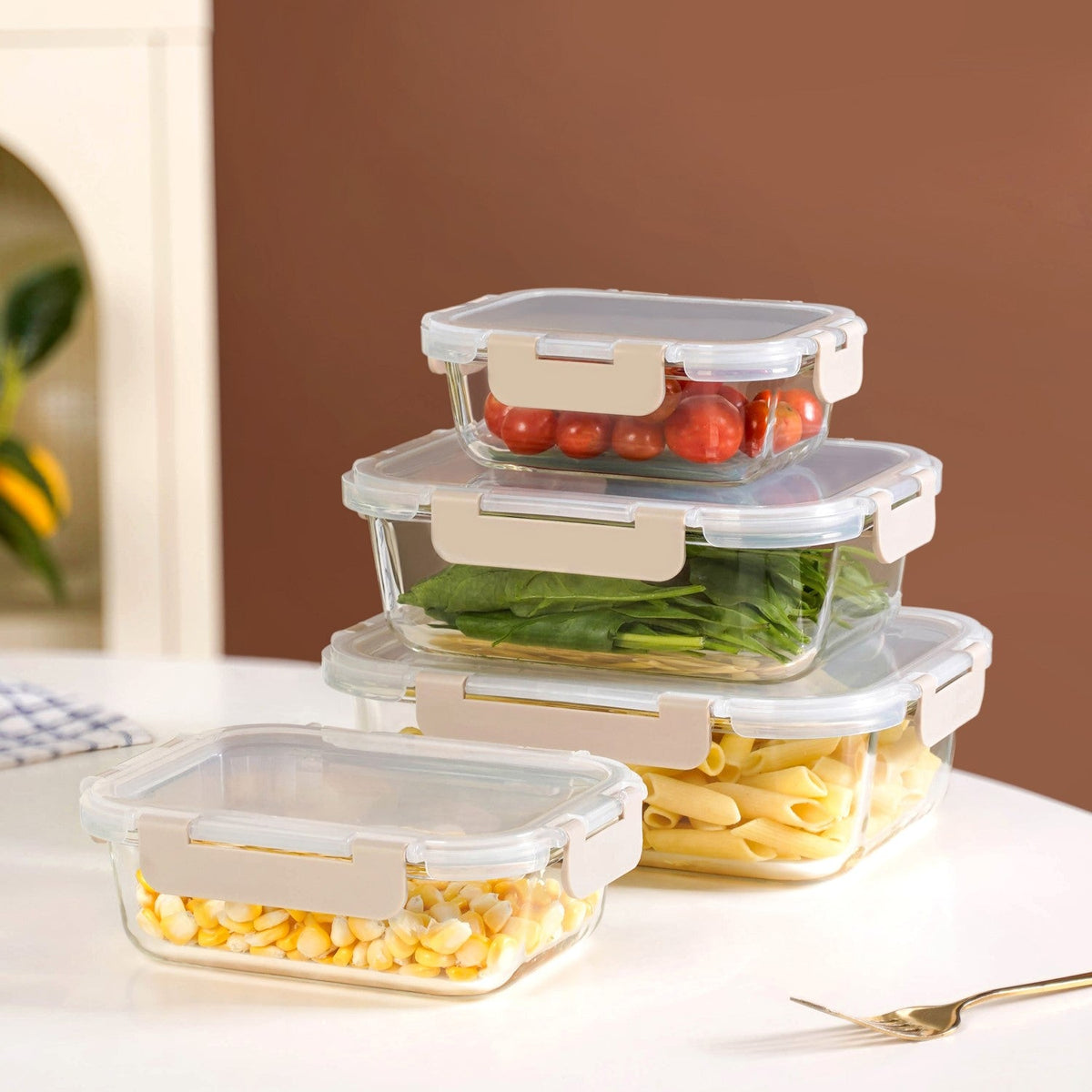 Nestro Microwave Safe Stackable Food Storage Box Set Of 4 Beige S 370ml M 600ml L 1000ml XL 1500ml Nestasia