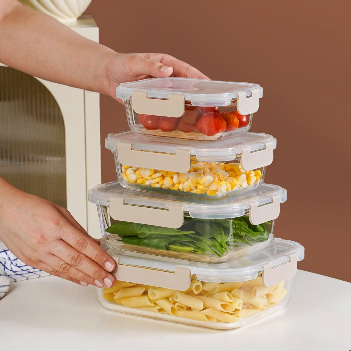 Nestro Microwave Safe Stackable Food Storage Box Set Of 4 Beige S 370ml M 600ml L 1000ml XL 1500ml Nestasia