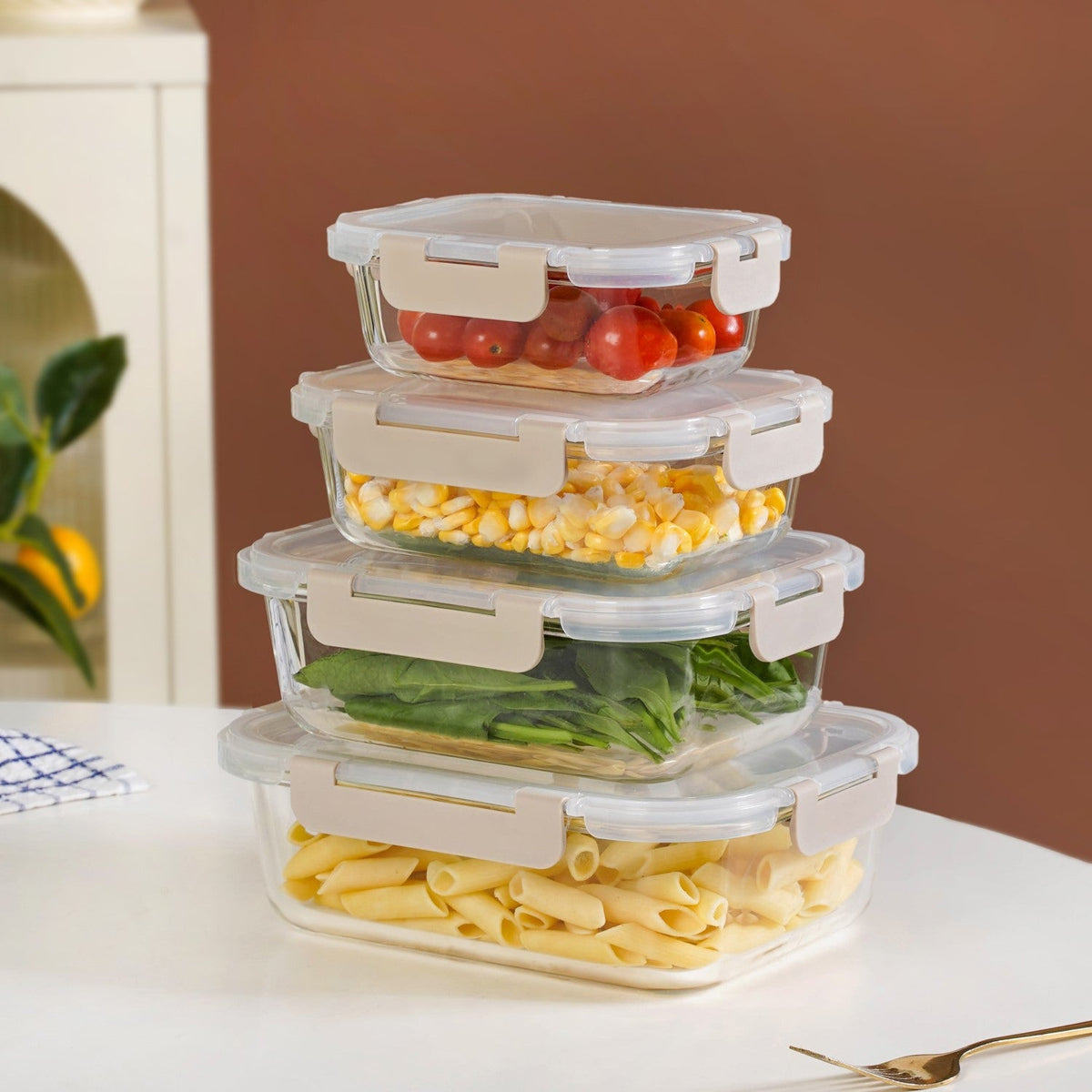 Nestro Microwave Safe Stackable Food Storage Box Set Of 4 Beige S 370ml M 600ml L 1000ml XL 1500ml Nestasia