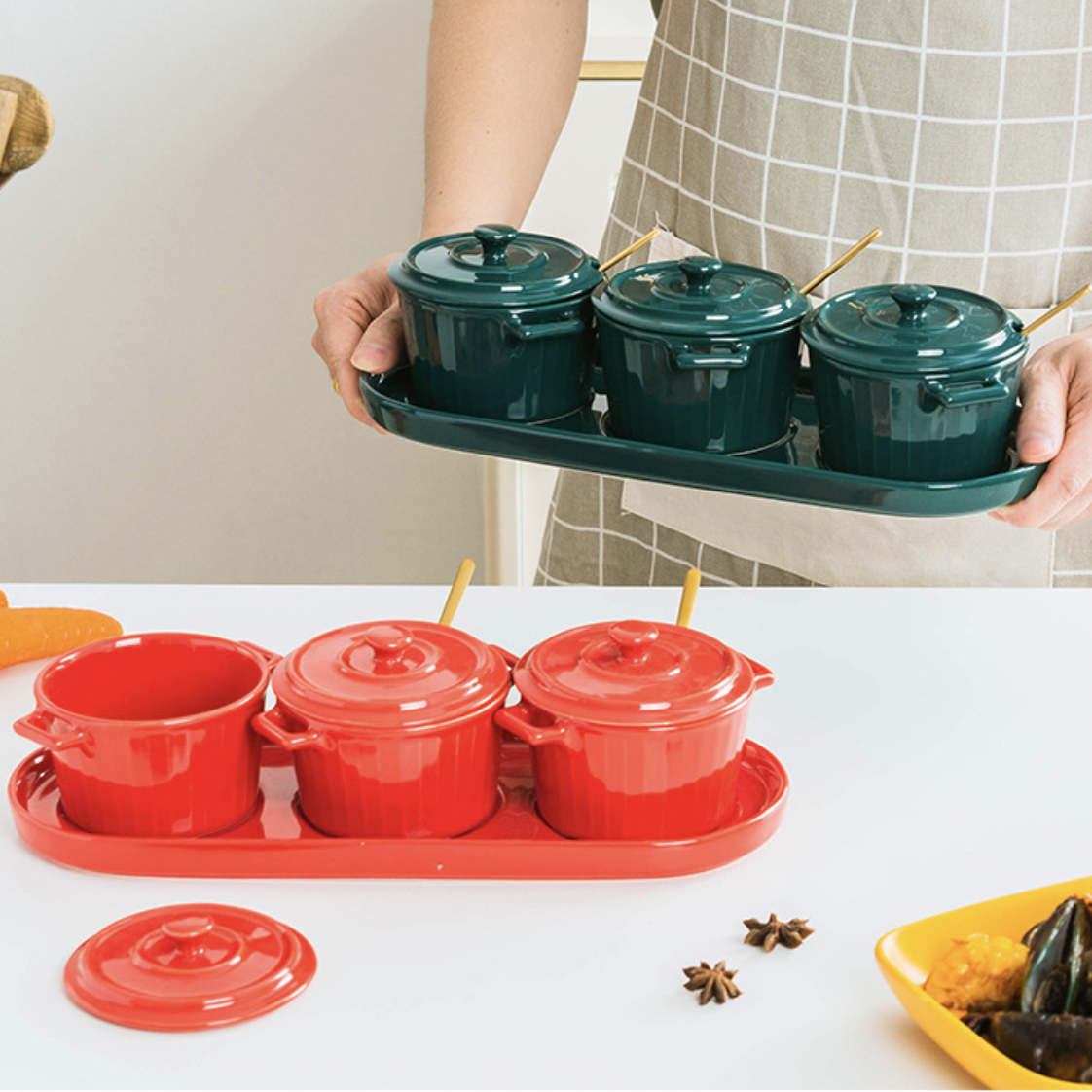 Red Spice Jar Set With Tray Nestasia