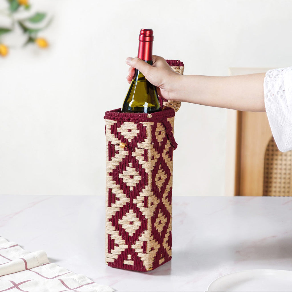 Wine Bottle Holder Handwoven Box Jute Maroon
