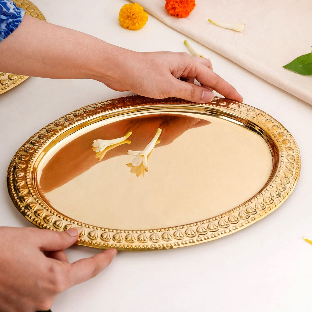 Veda Pure Brass Oval Tray With Embossed Detailing 32x22cm Nestasia