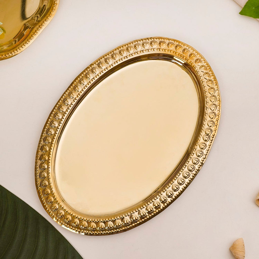 Veda Pure Brass Oval Tray With Embossed Detailing 32x22cm Nestasia