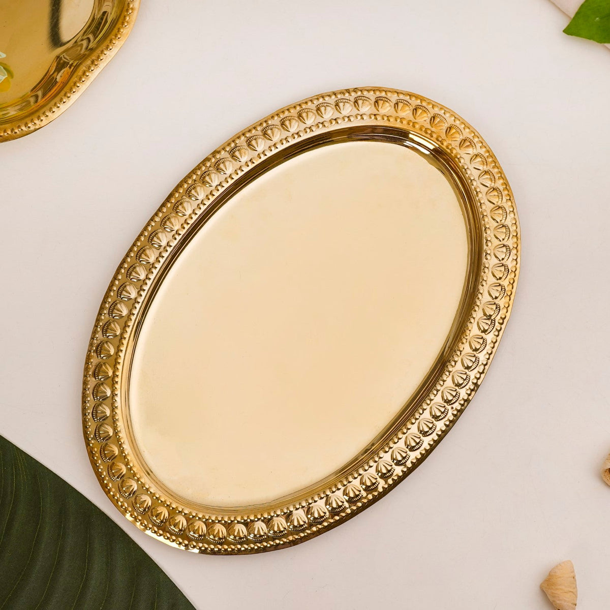 Veda Pure Brass Oval Tray With Embossed Detailing 32x22cm Nestasia