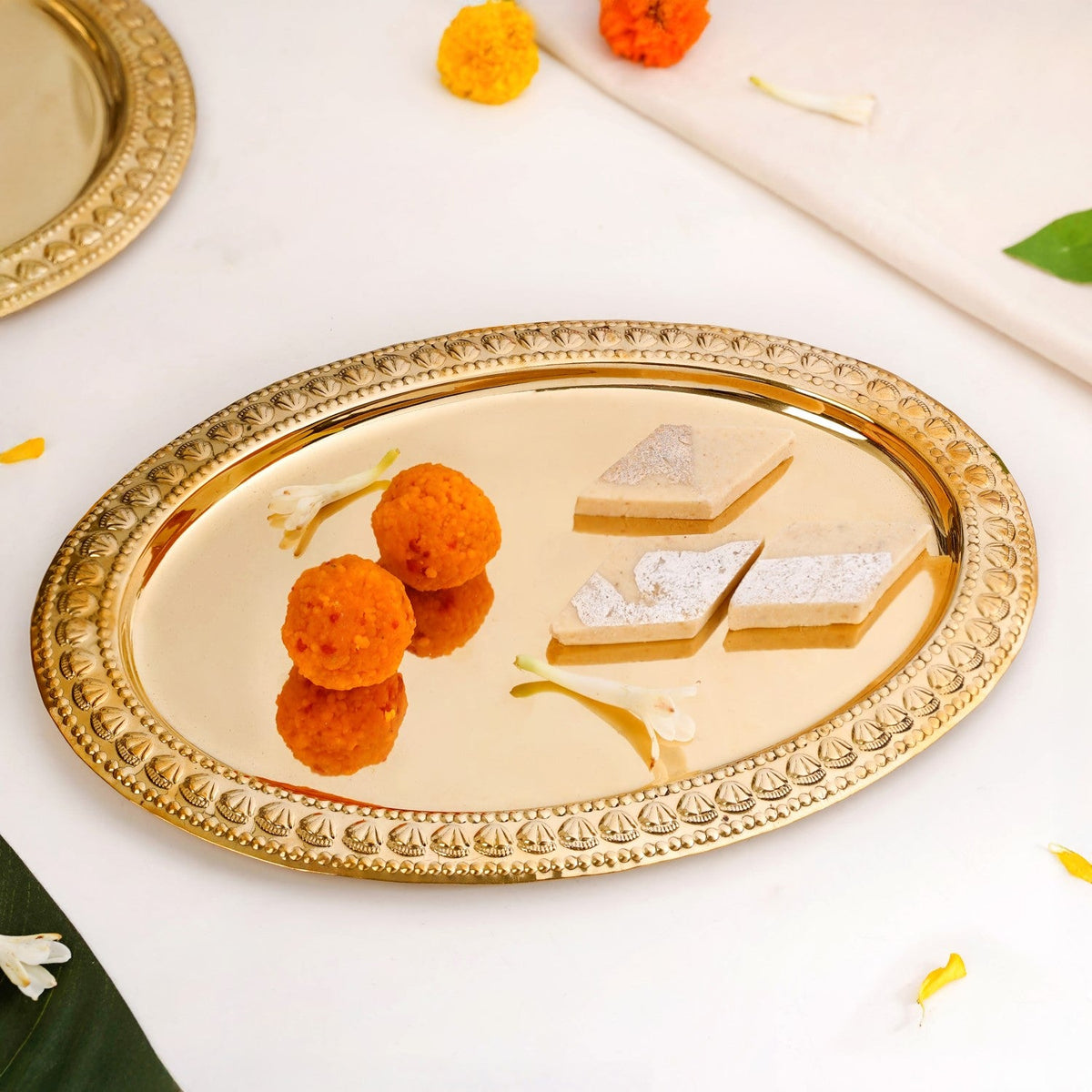 Veda Pure Brass Oval Tray With Embossed Detailing 32x22cm Nestasia