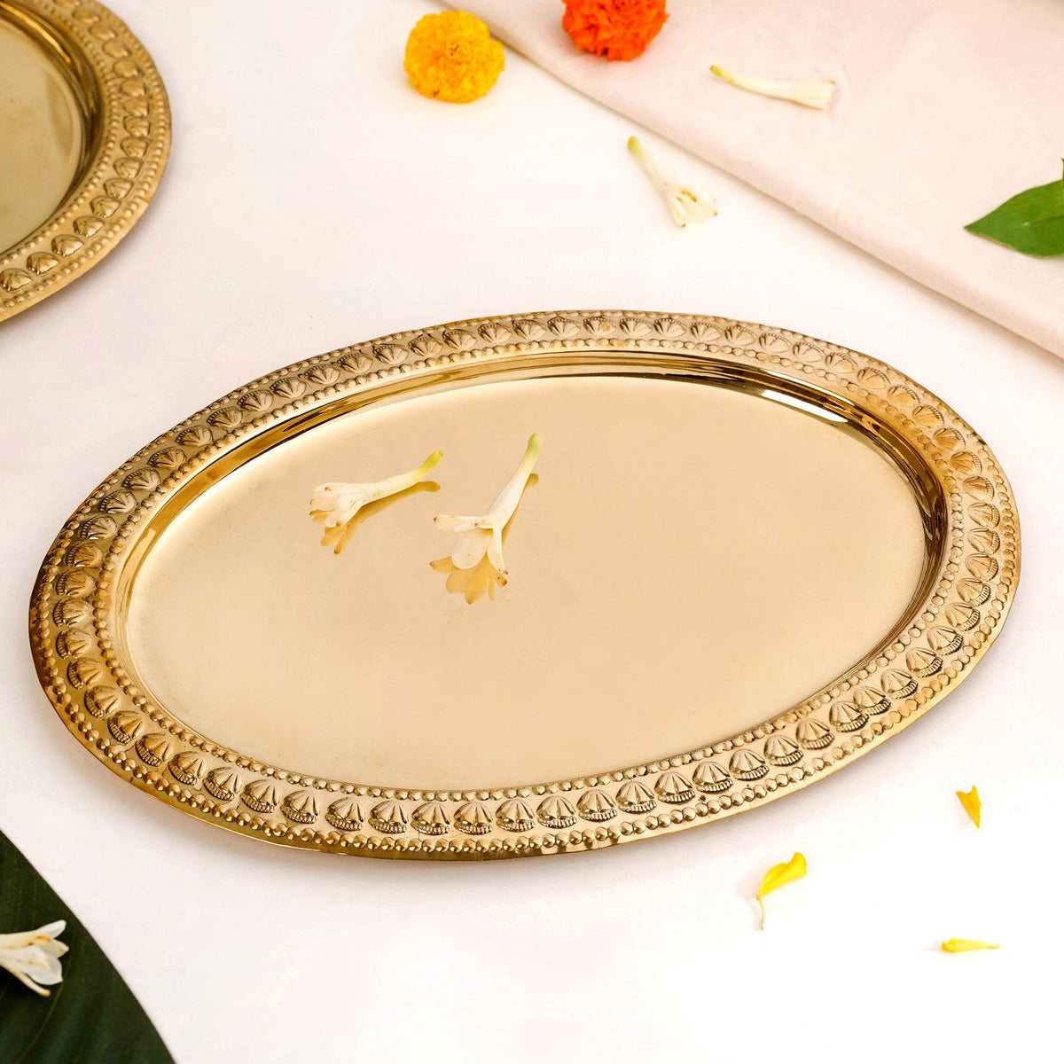 Veda Pure Brass Oval Tray With Embossed Detailing 32x22cm Nestasia