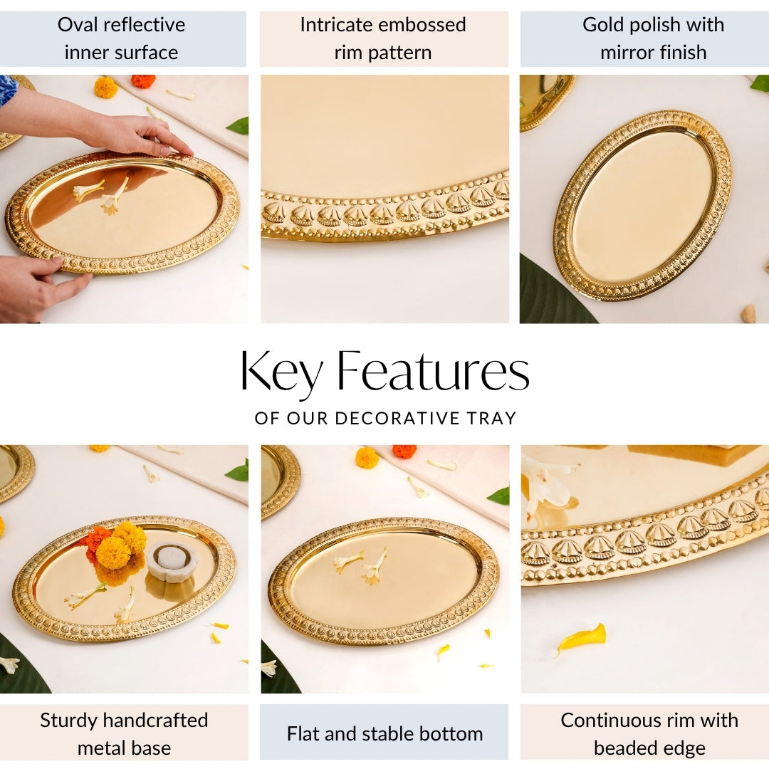 Veda Pure Brass Oval Tray With Embossed Detailing 32x22cm Nestasia