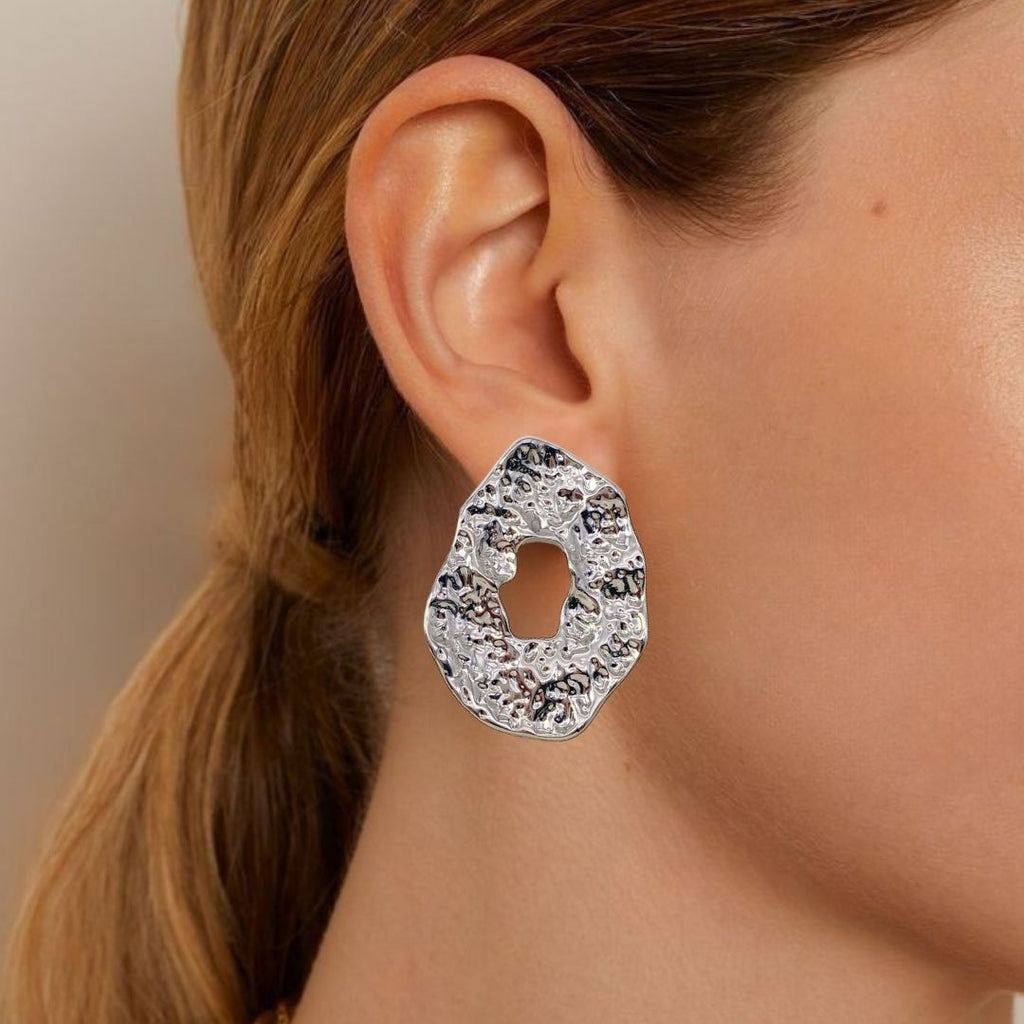Oval Hollow Abstract Textured Silver Earrings Nestasia