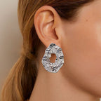 Oval Hollow Abstract Textured Silver Earrings Nestasia