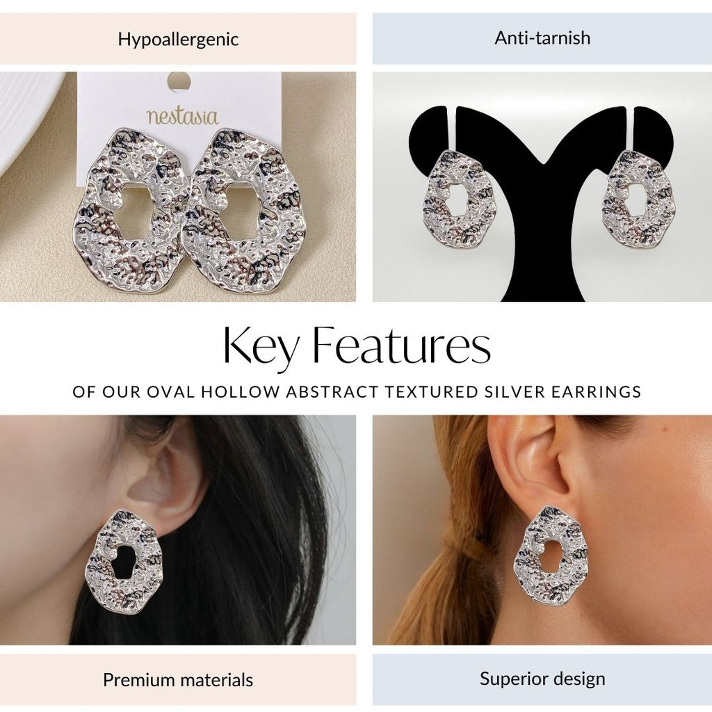 Oval Hollow Abstract Textured Silver Earrings Nestasia